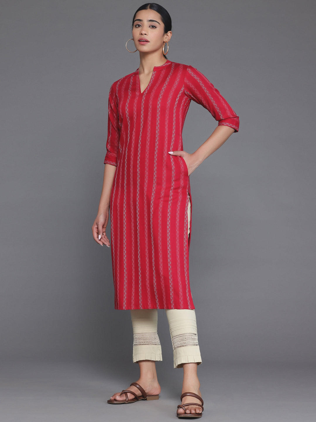 Red Striped Rayon Straight Kurta - Libas 