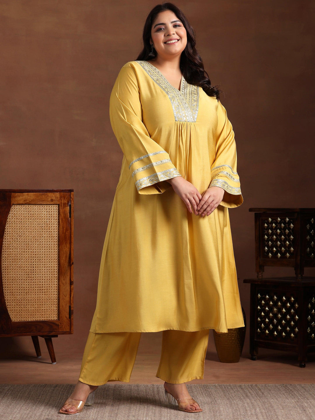 Plus Size Yellow Yoke Design Silk Blend A-Line Kurta With Trousers - Libas