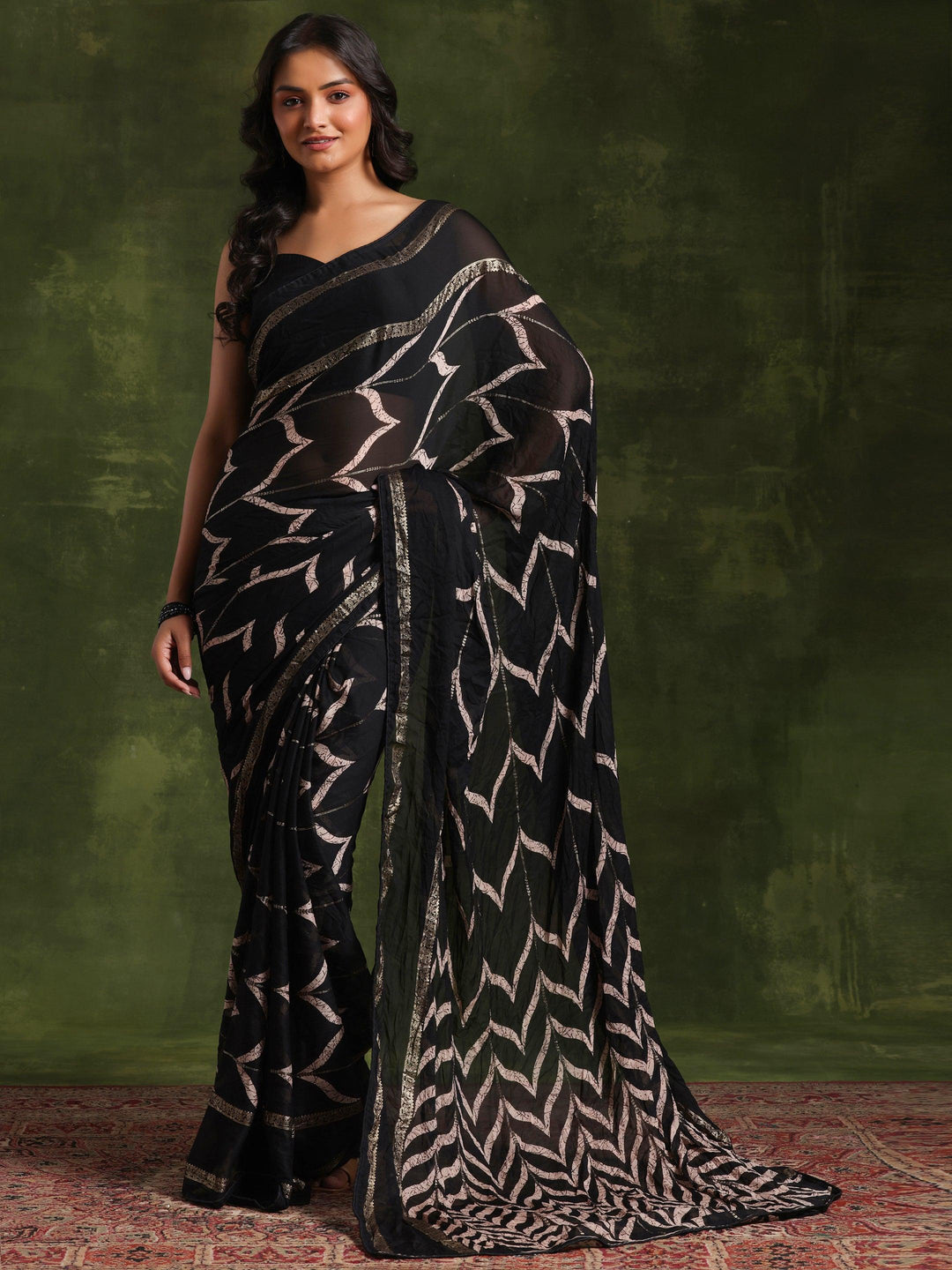 Black Printed Poly Georgette Saree With Unstitched Blouse Piece - Libas