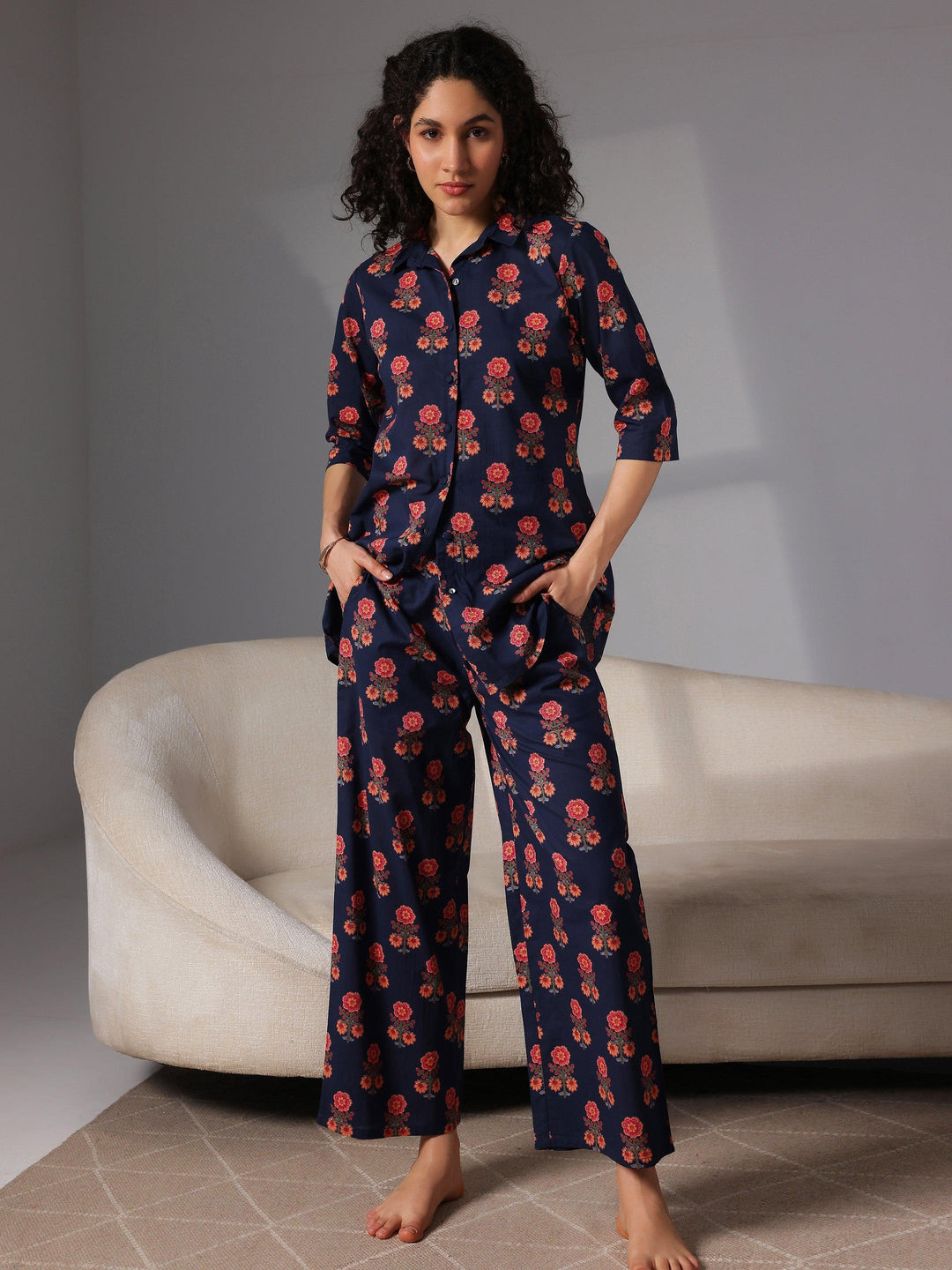 Blue Printed Cotton Night Suits - Libas