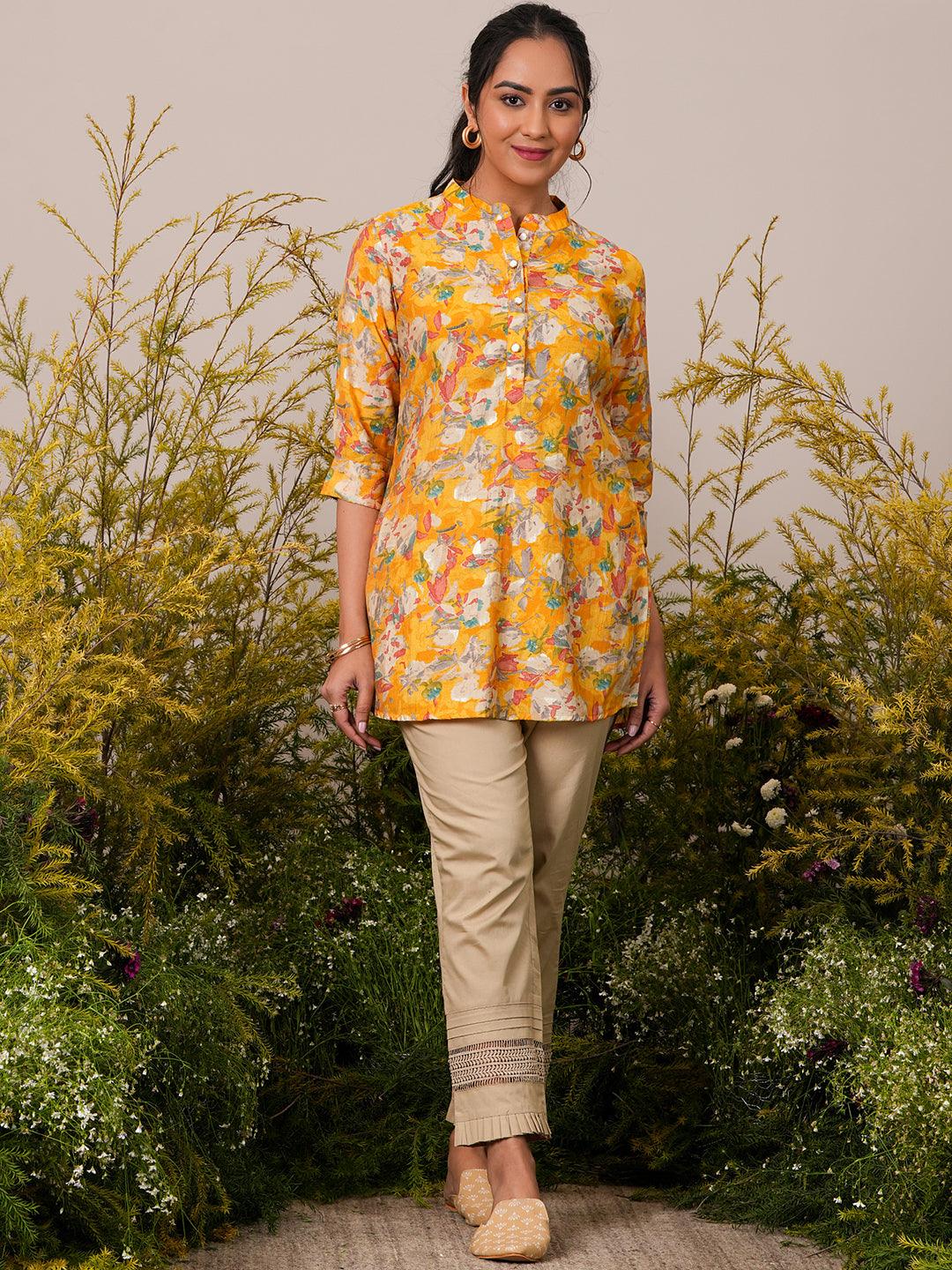 Yellow Printed Silk Blend A-Line Kurti - Libas 