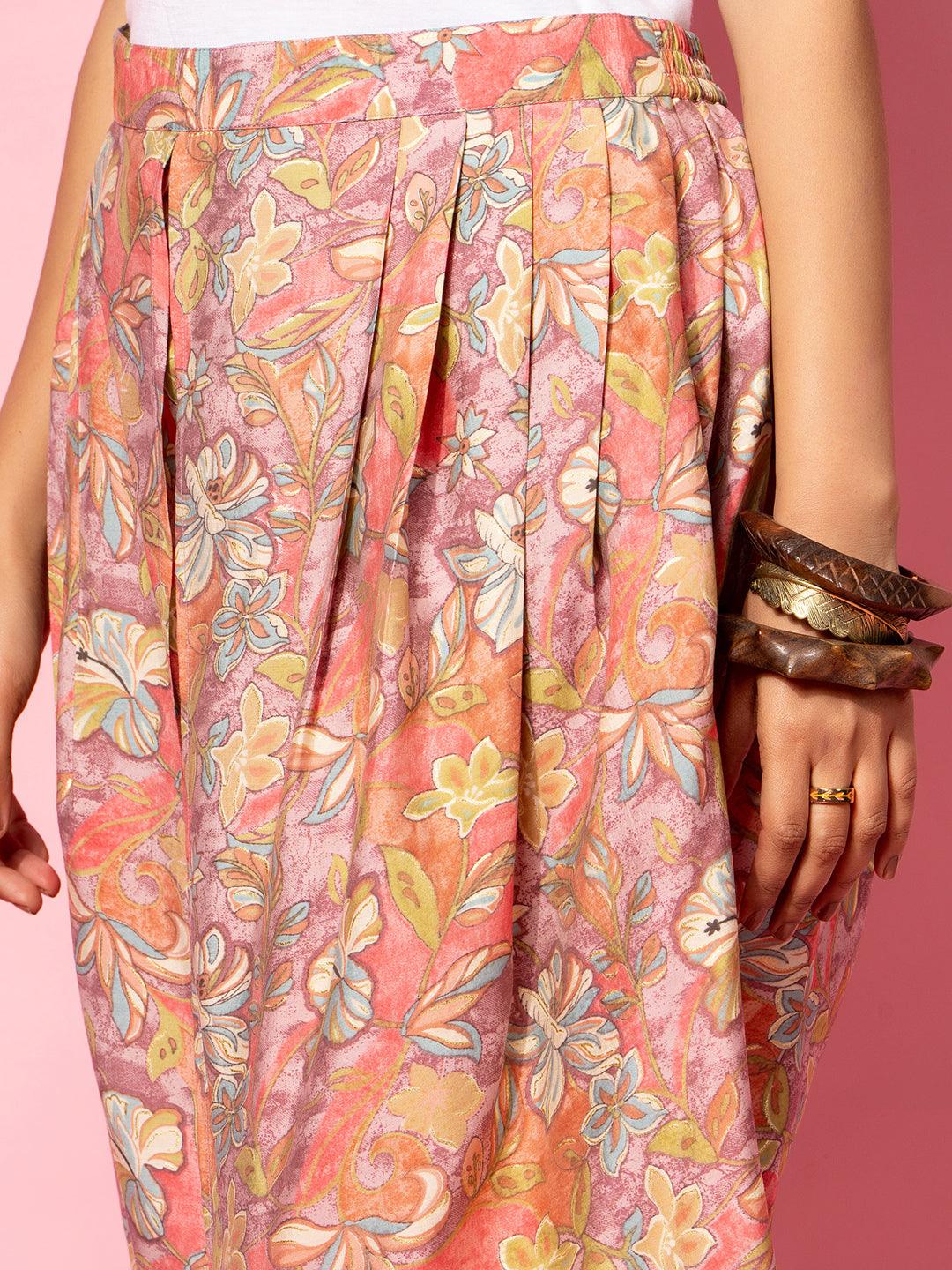 Peach Printed Silk Blend Co-Ords - Libas