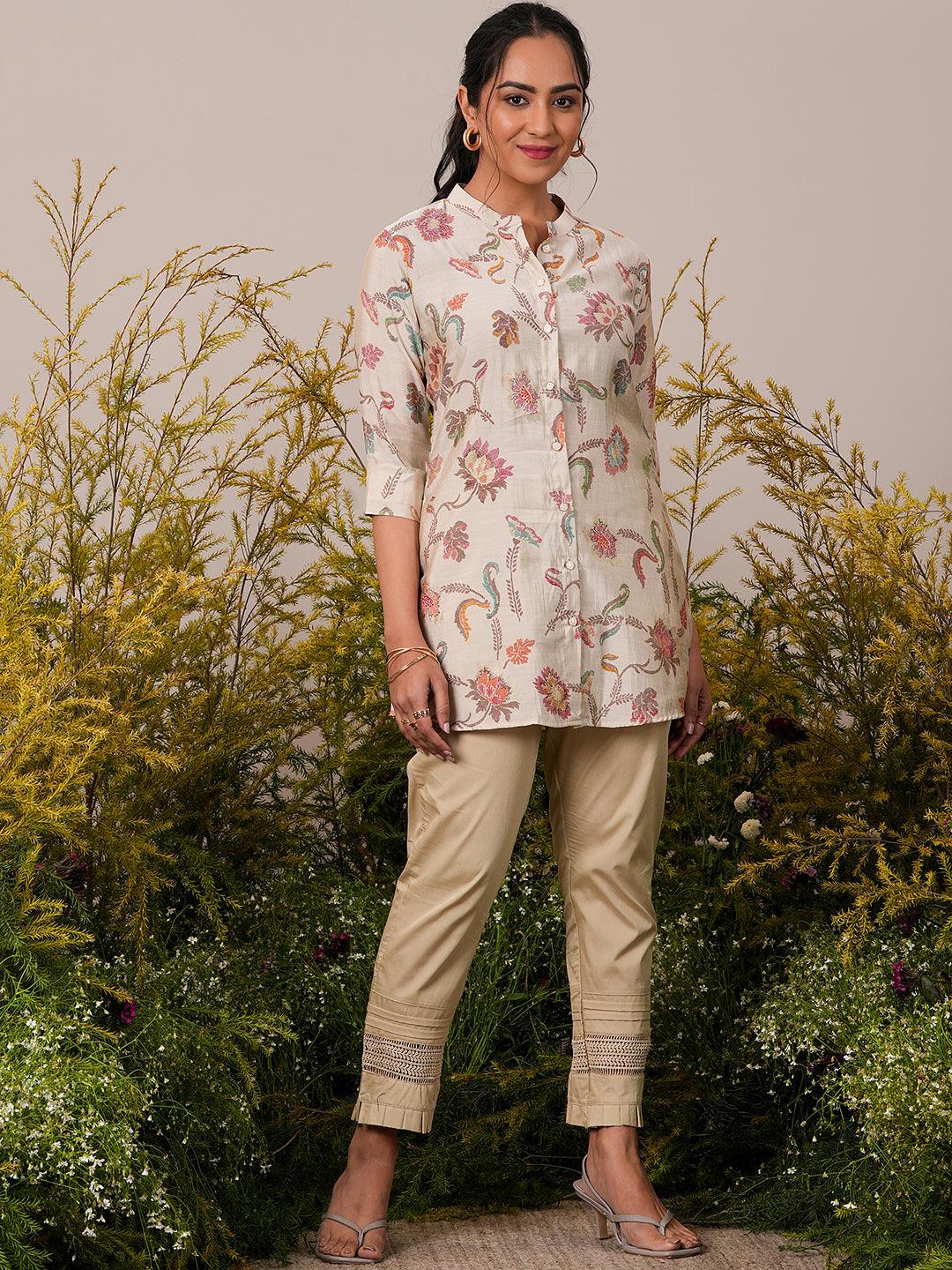 Beige Printed Silk Blend A-Line Kurti - Libas 