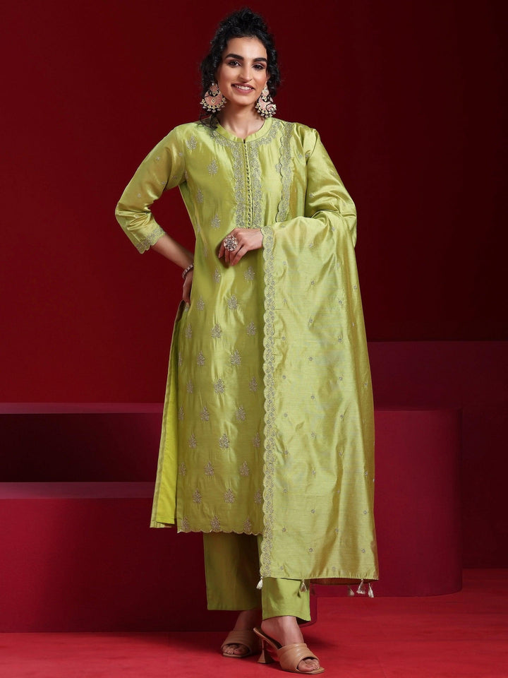 Libas Art Green Embroidered Chanderi Silk Straight Suit With Dupatta - Libas