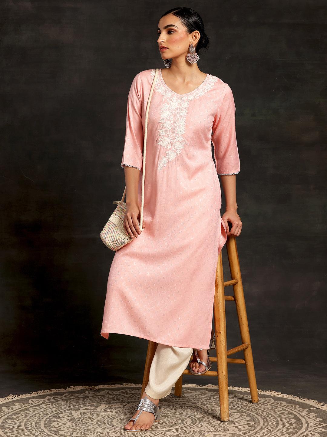 Pink Yoke Design Rayon Straight Kurta - Libas 