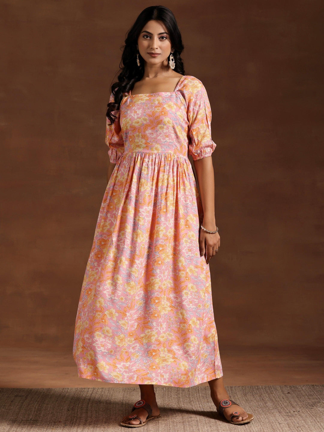 Peach Printed Rayon Fit and Flare Dress - Libas 