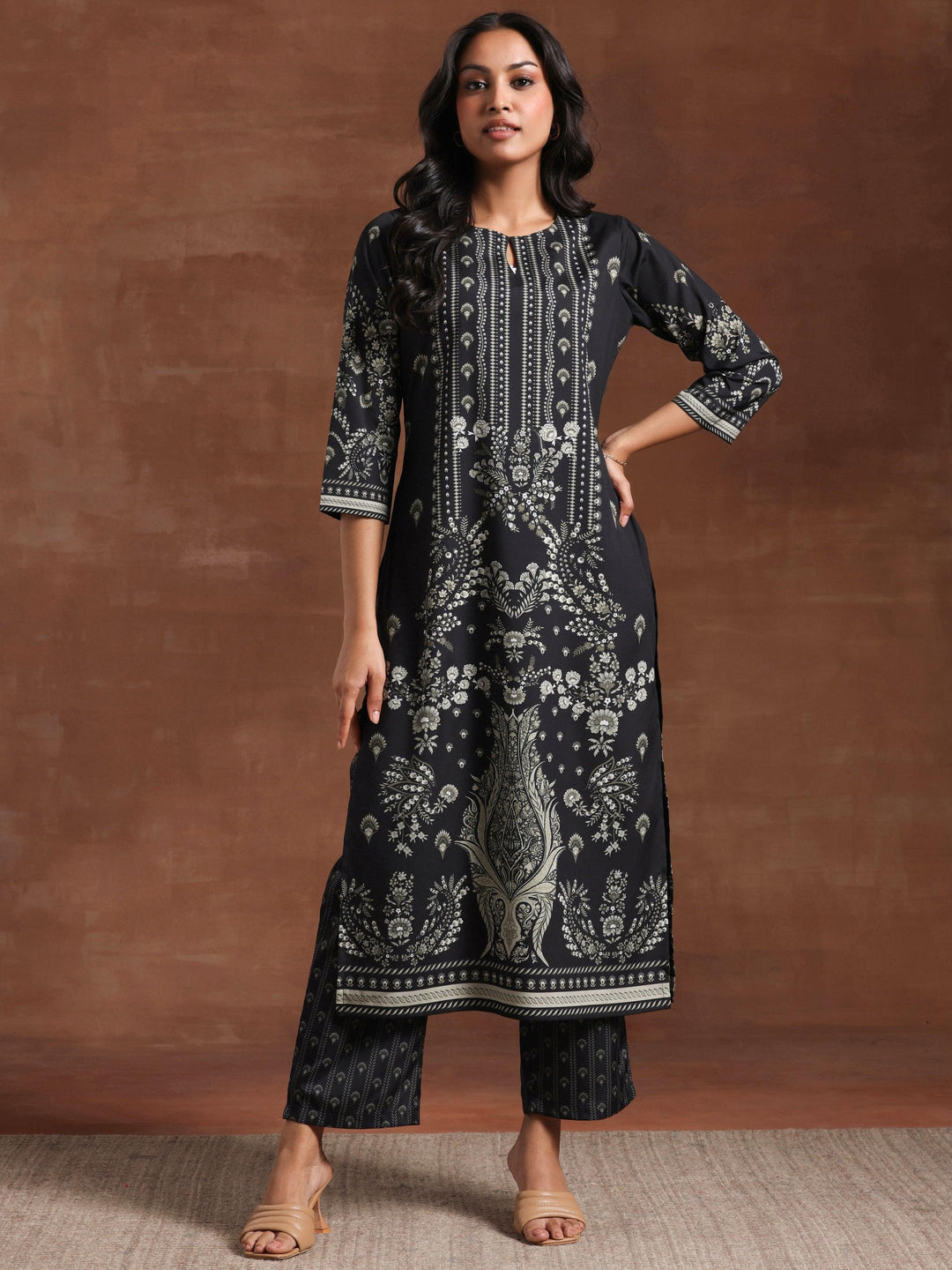 Black Printed Crepe Straight Kurta Set - Libas 