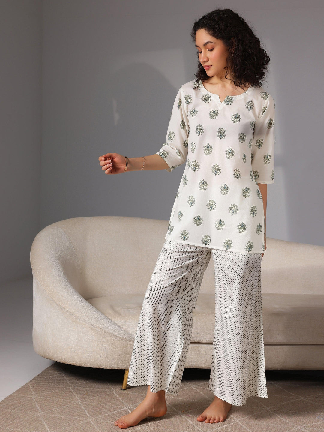 Cream Printed Cotton Night Suits - Libas 