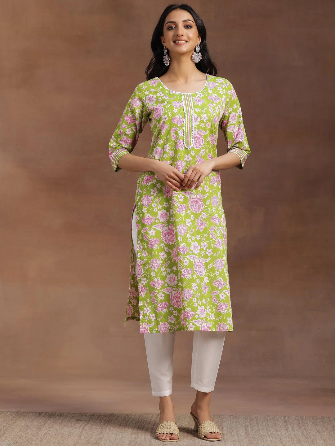 Green Printed Cotton Straight Kurta - Libas 