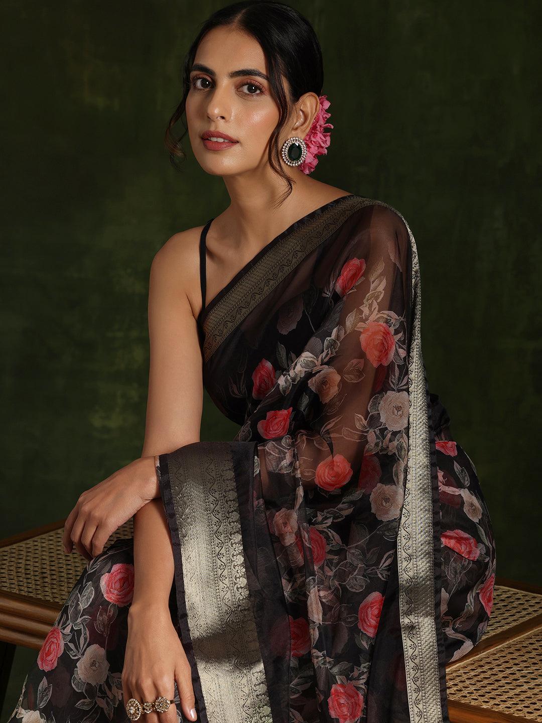 Black Printed Organza Saree With Unstitched Blouse Piece - Libas