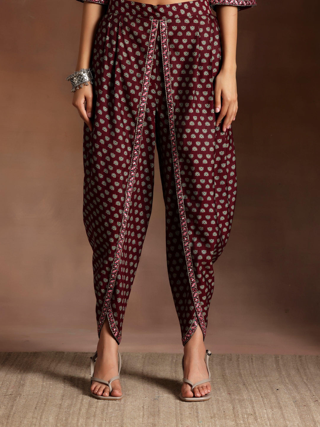 Burgundy Printed Silk Blend Straight Suit With Dupatta - Libas 