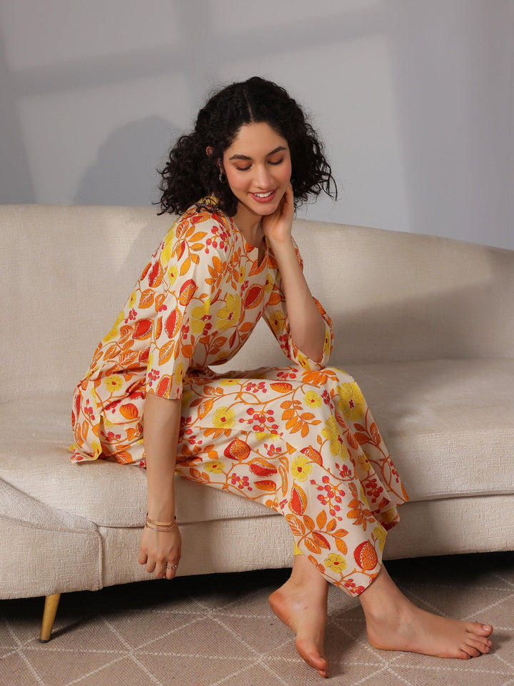 Yellow Printed Cotton Night Suits - Libas