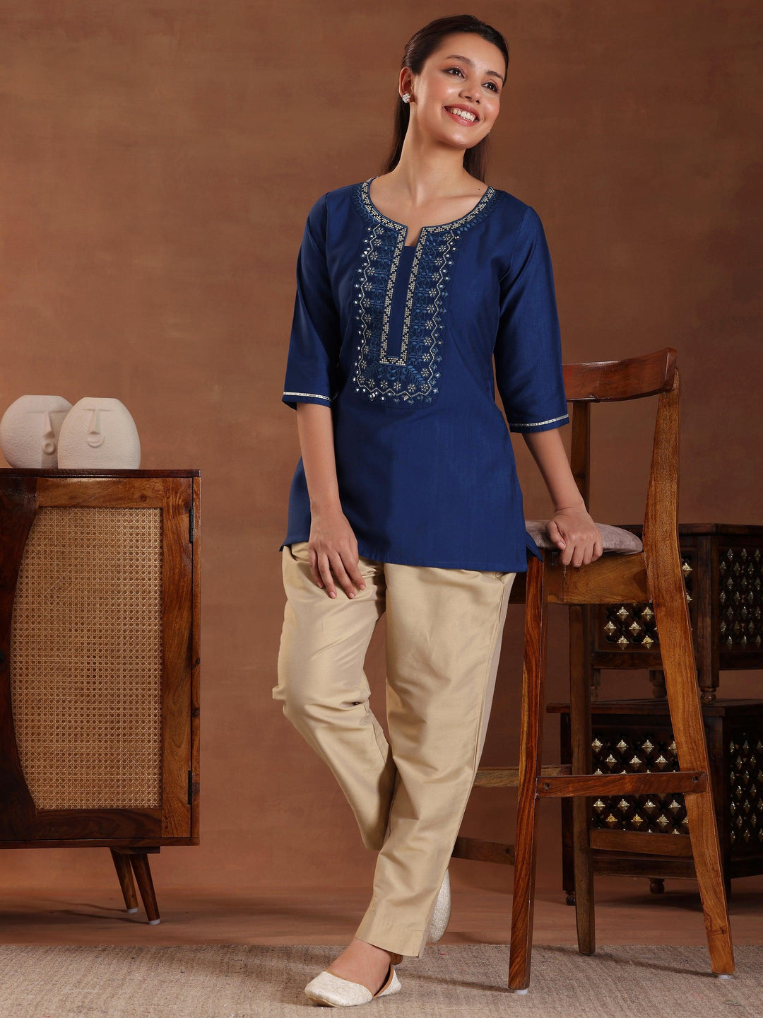 Blue Embroidered Silk Blend Straight Kurti - Libas