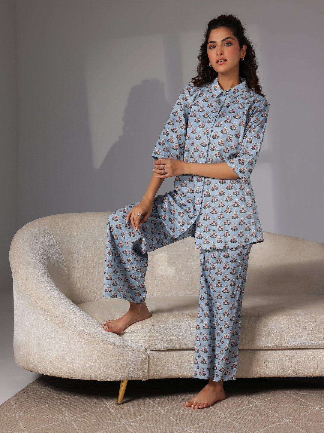 Blue Printed Cotton Night Suits - Libas