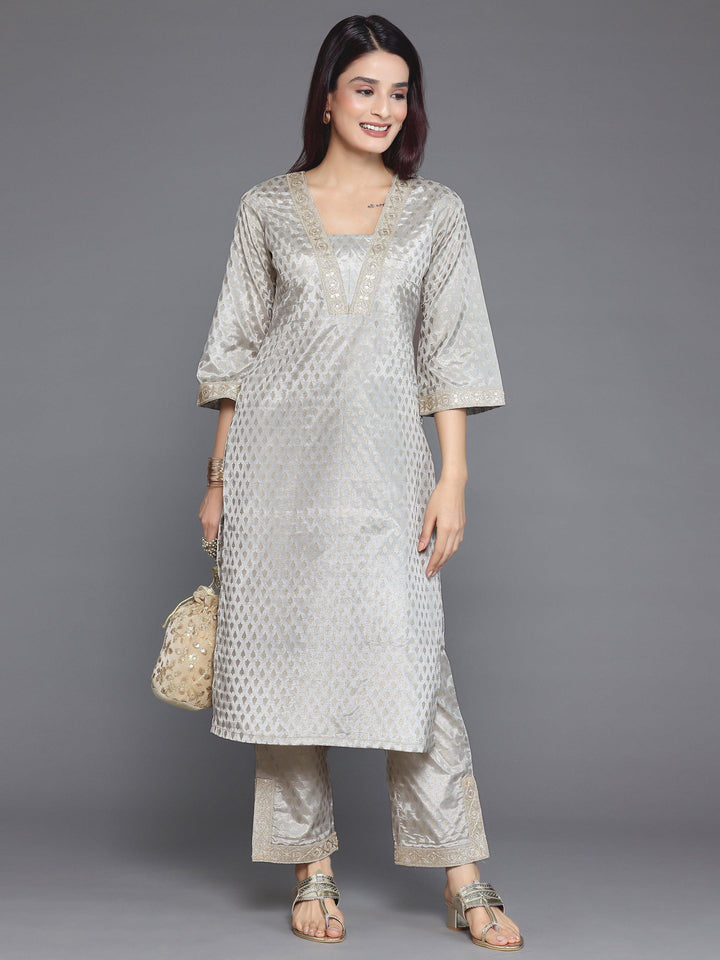 Grey Printed Silk Blend Straight Kurta Set - Libas