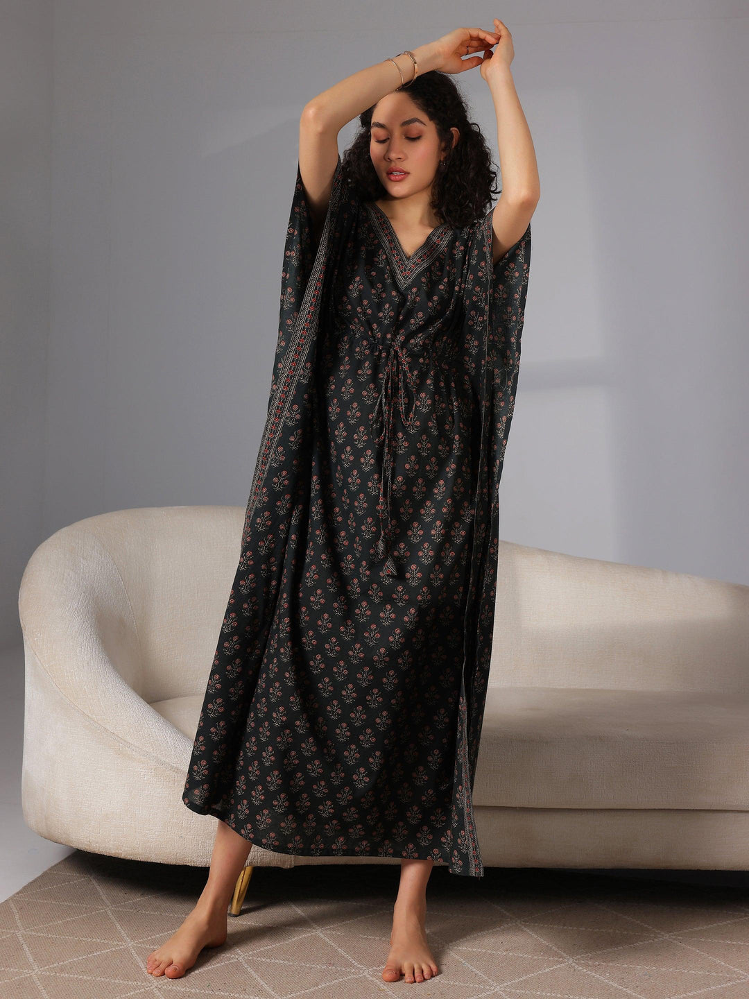 Dark Green Printed Cotton Kaftan Night Dress - Libas 