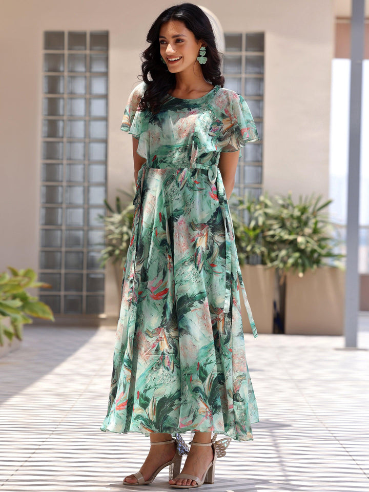 Green Printed Chiffon A-Line Dress With Belt - Libas