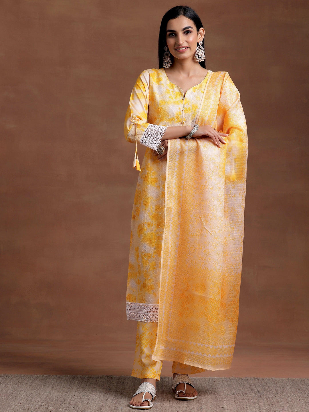 Yellow Embroidered Cotton Blend Straight Suit With Dupatta - Libas