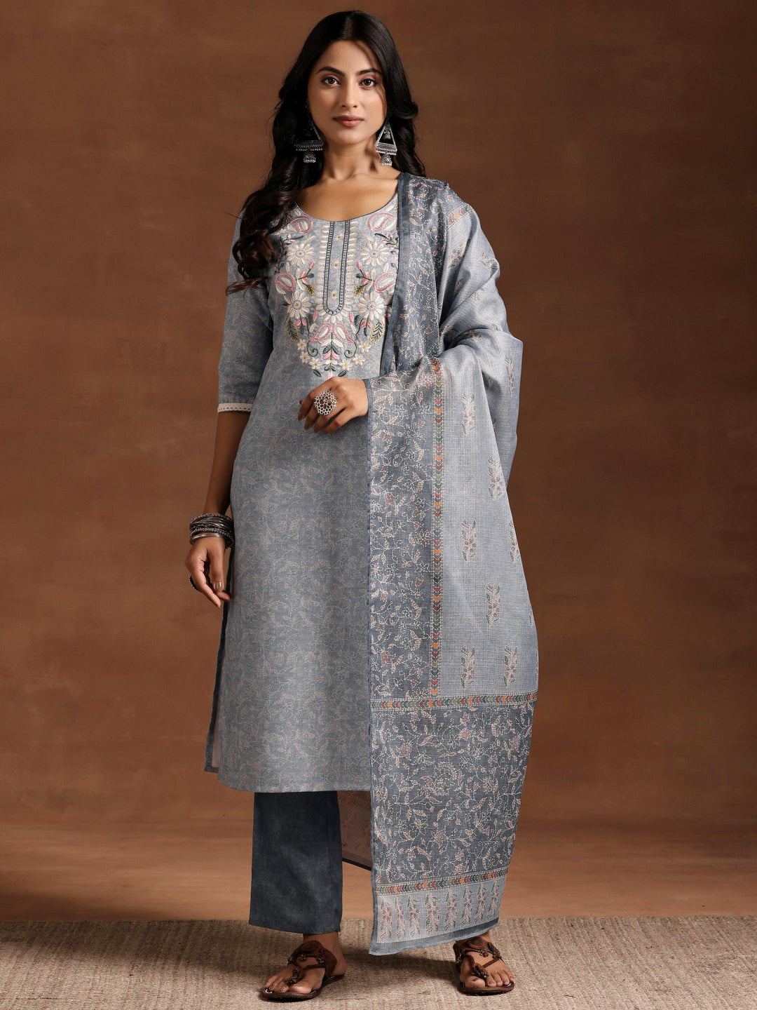 Grey Yoke Design Cotton Straight Suit With Dupatta - Libas