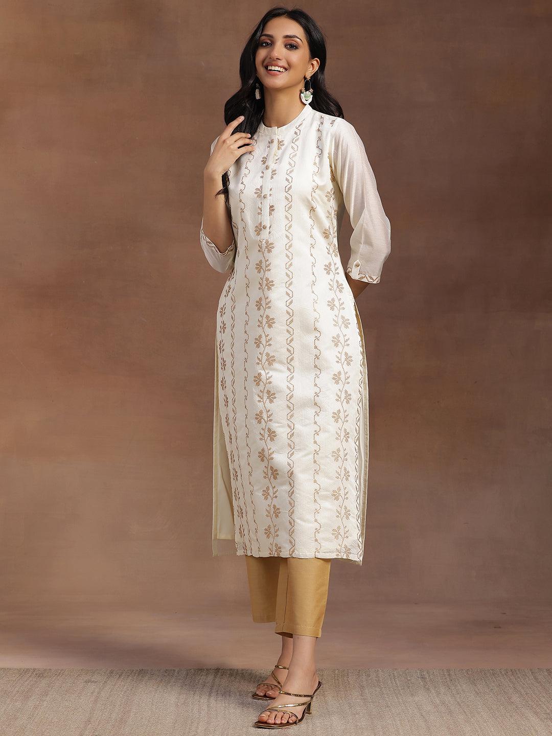 Off White Embroidered Chanderi Silk Straight Kurta - Libas