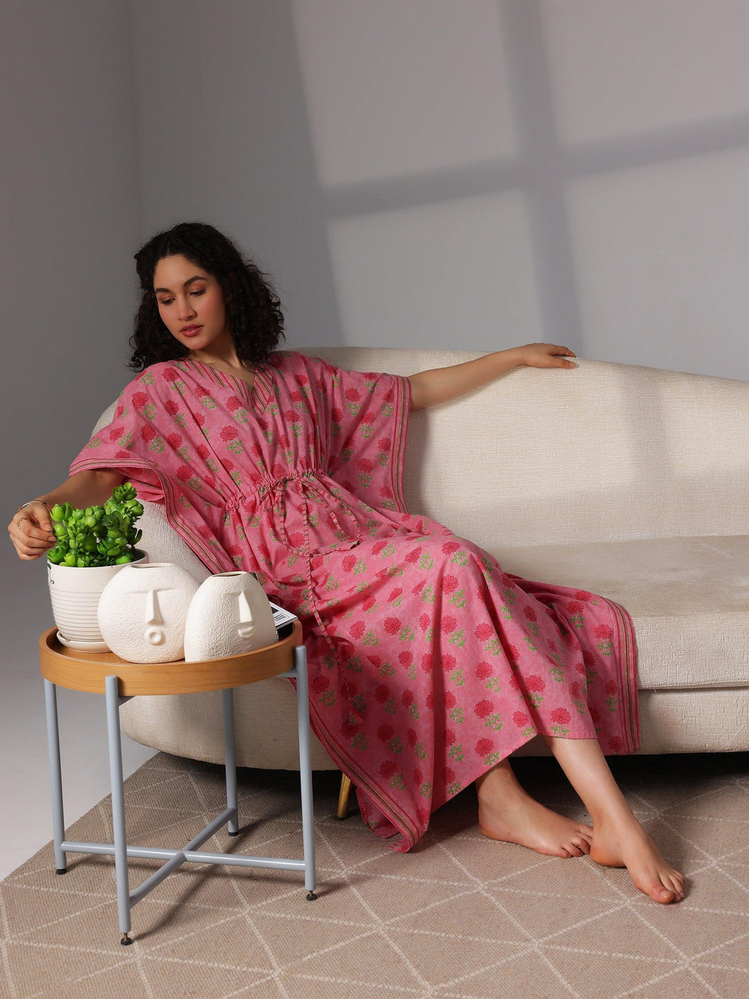 Pink Printed Cotton Kaftan Night Dress - Libas