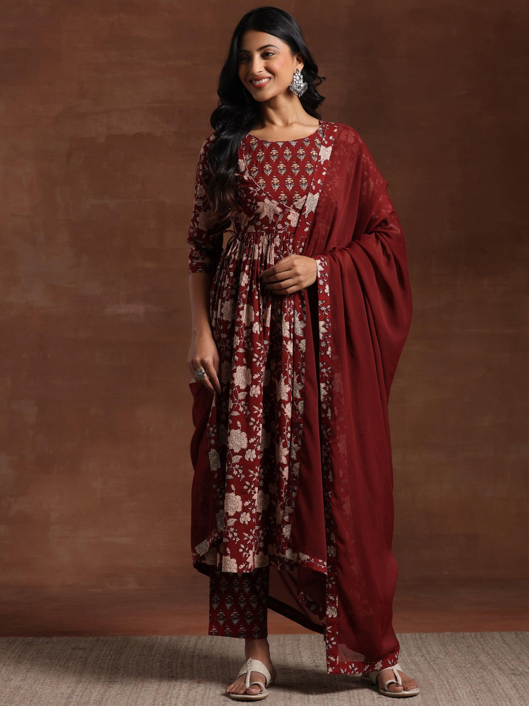 Maroon Printed Pure Cotton Anarkali Suit With Dupatta - Libas