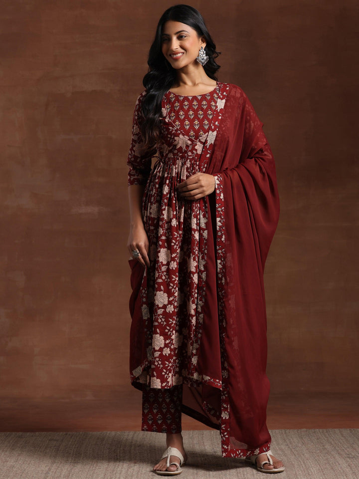 Maroon Printed Pure Cotton Anarkali Suit With Dupatta - Libas