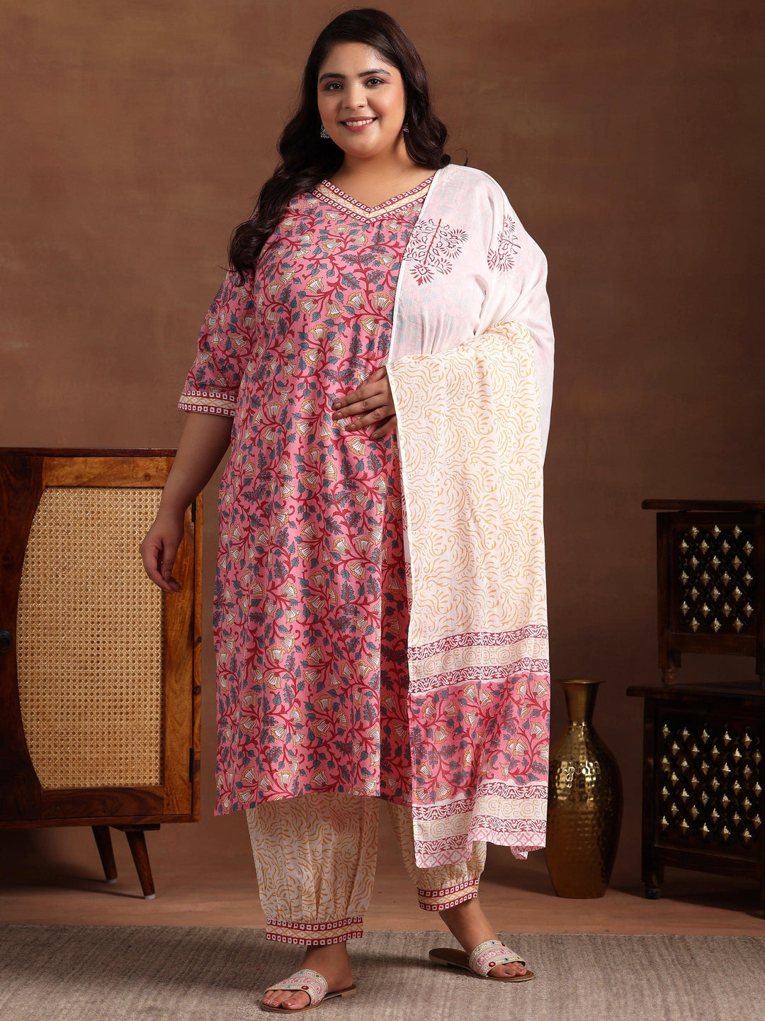 Plus Size Pink Printed Cotton Straight Suit With Dupatta - Libas 