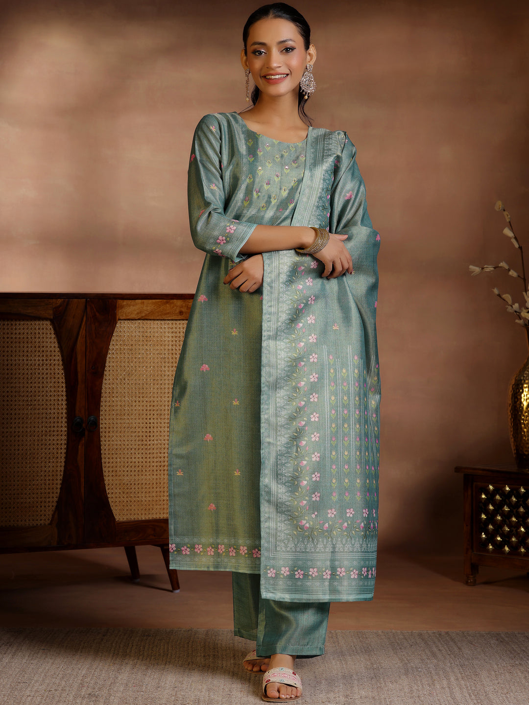 Green Printed Silk Blend Straight Suit With Dupatta