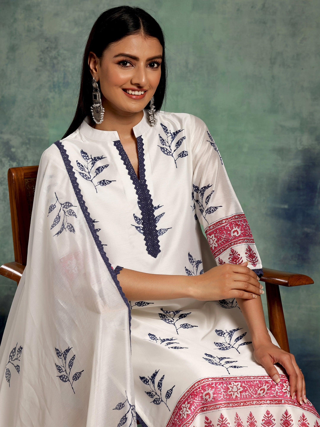 White Printed Chanderi Silk Straight Suit With Dupatta - Libas 