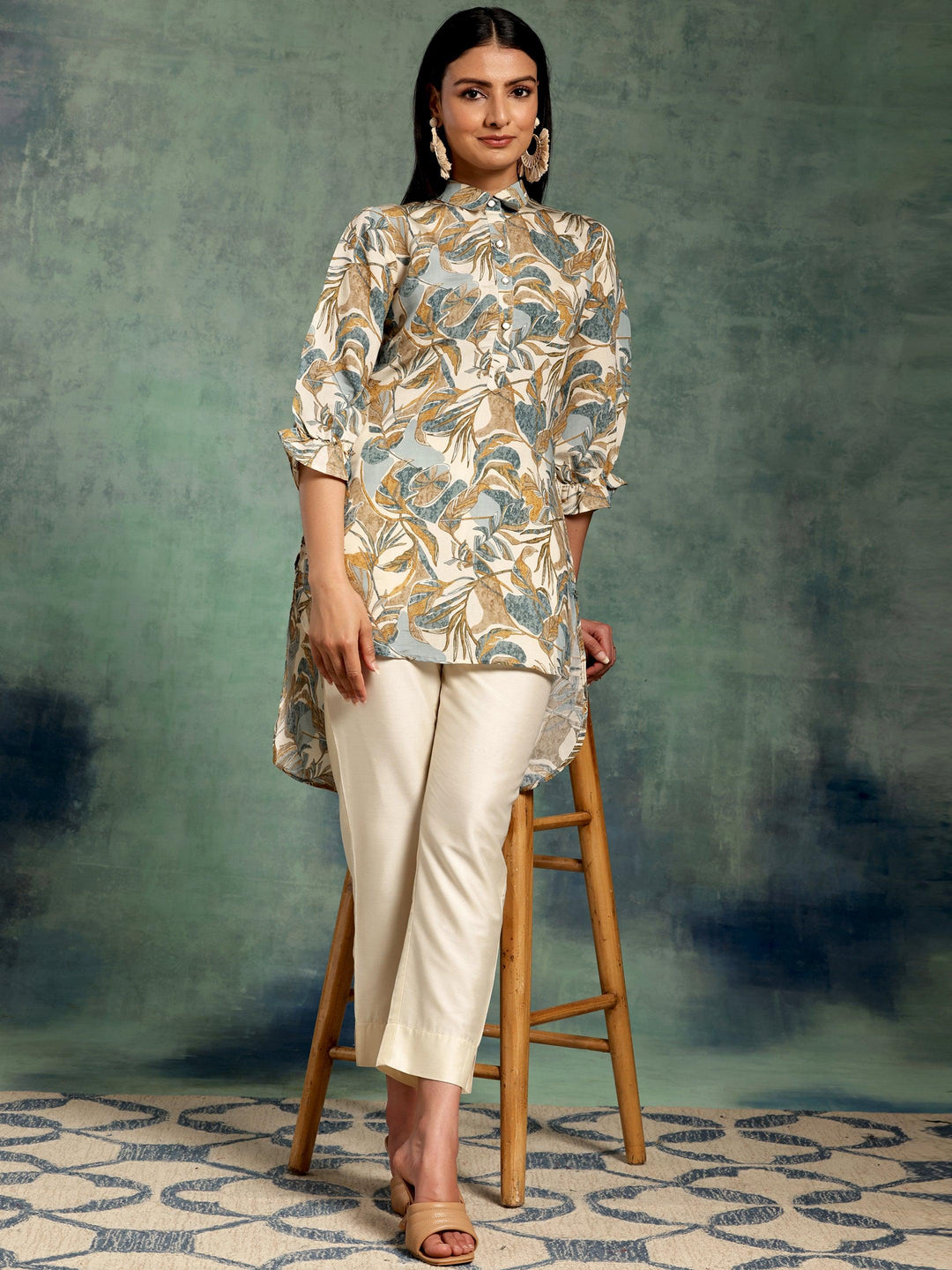 Beige Printed Silk Blend A-Line Kurti - Libas 