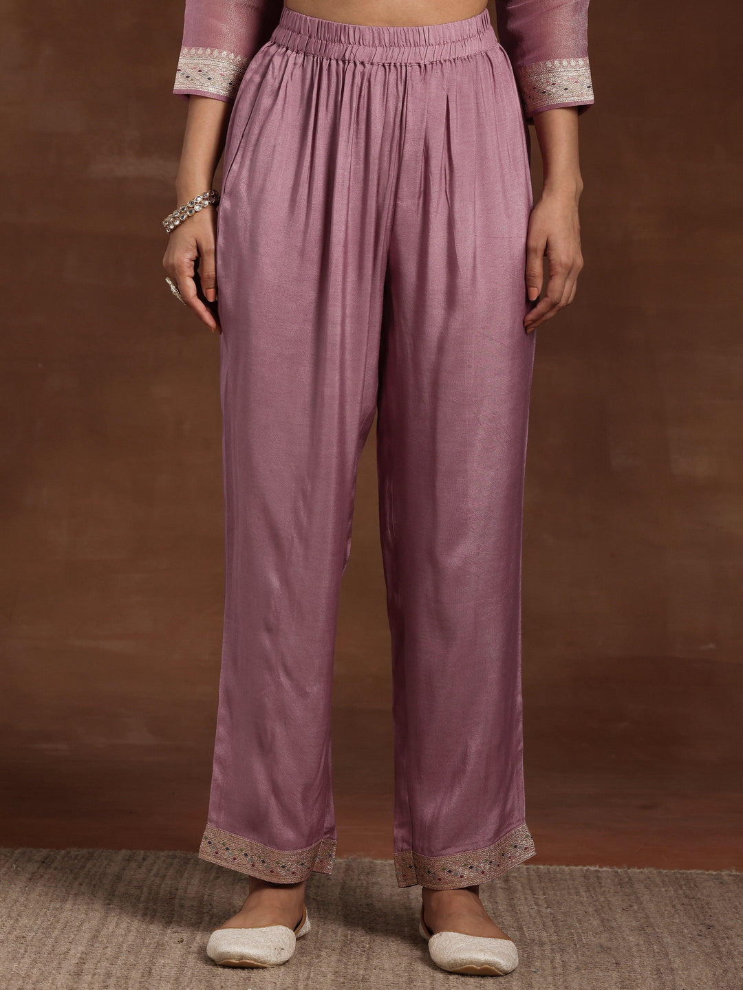 Mauve Woven Design Silk Blend Straight Kurta With Trousers & Dupatta - Libas 