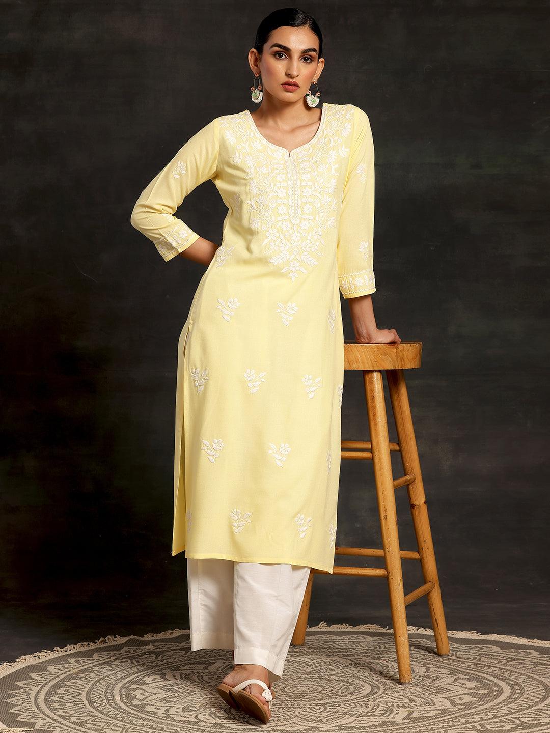 Yellow Embroidered Rayon Straight Kurta - Libas