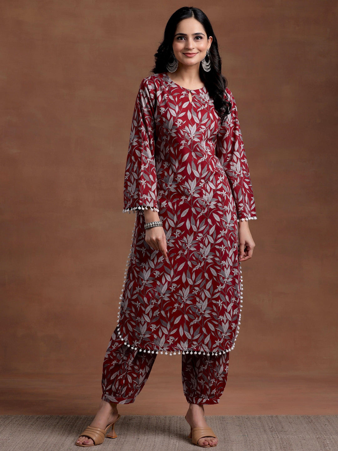 Rust Printed Cotton Pathani Kurta Set - Libas 