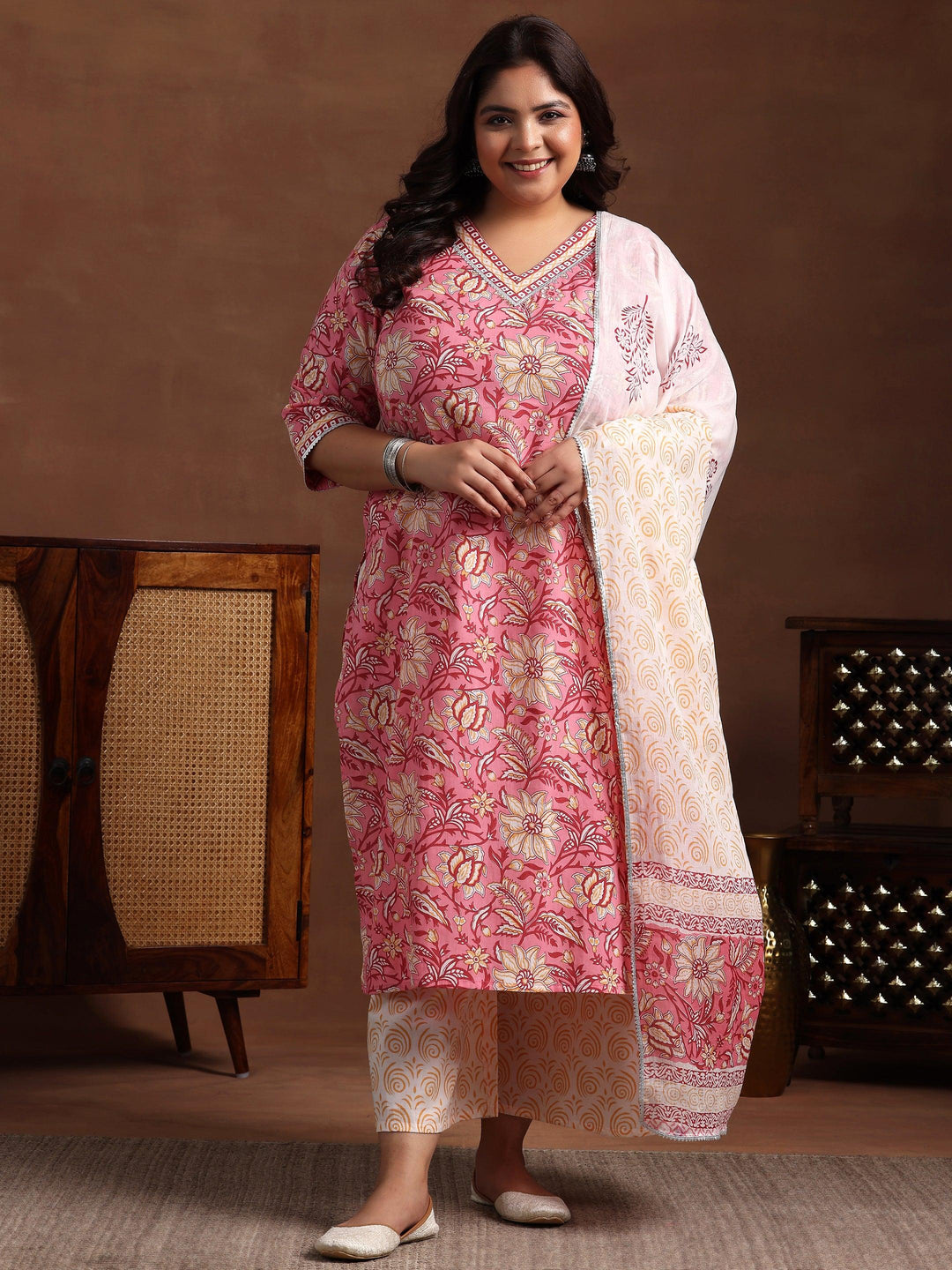 Plus Size Pink Printed Cotton Straight Suit With Dupatta - Libas 