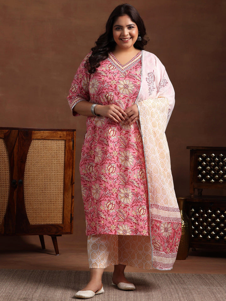 Plus Size Pink Printed Cotton Straight Suit With Dupatta - Libas