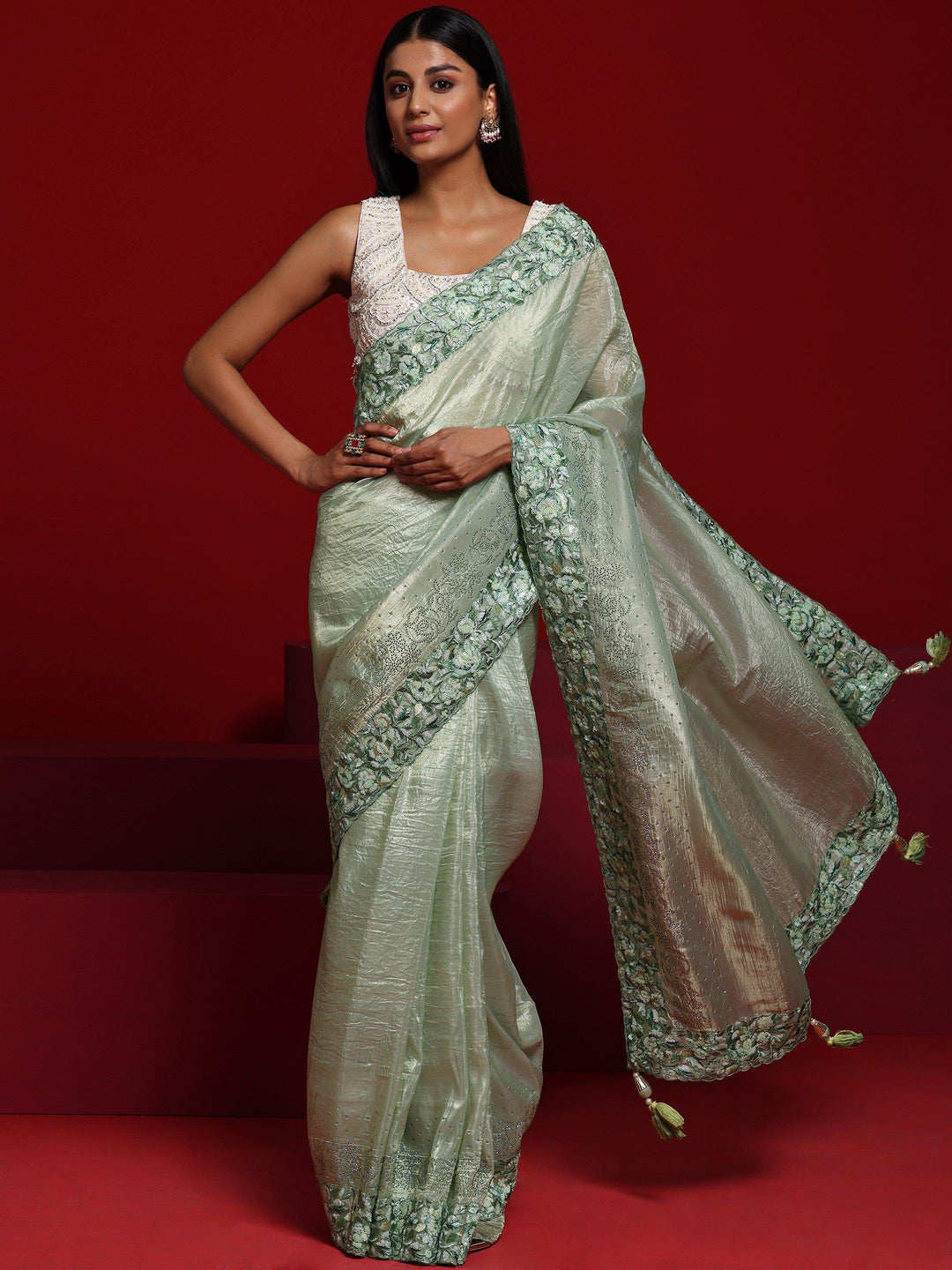 Libas Art Green Embellished Tissue Saree With Unstitched Blouse Piece - Libas