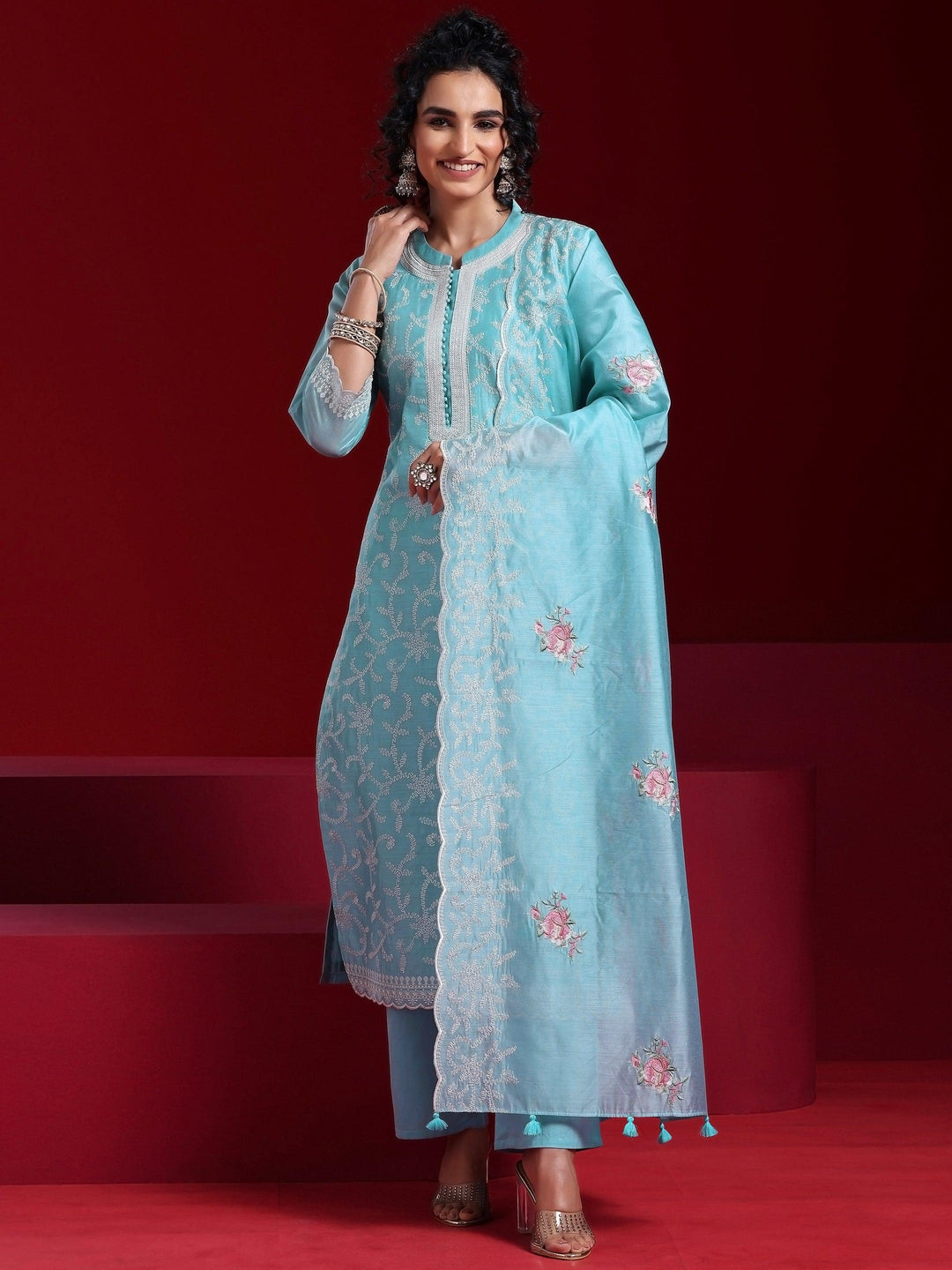 Libas Art Blue Embroidered Chanderi Silk Straight Suit With Dupatta - Libas 