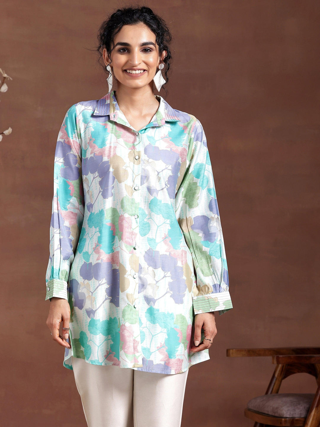 Green Printed Silk Blend Straight Kurti - Libas 