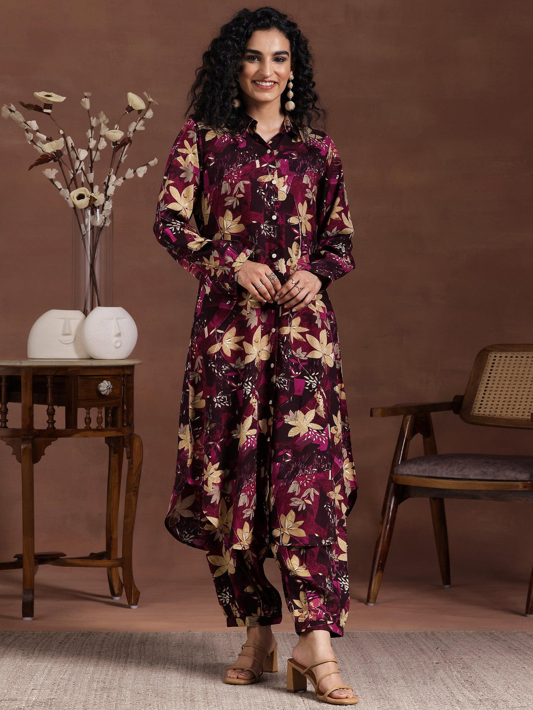 Wine Printed Silk Blend Co-Ords - Libas