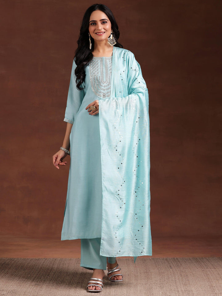 Blue Yoke Design Silk Blend Straight Suit With Dupatta - Libas