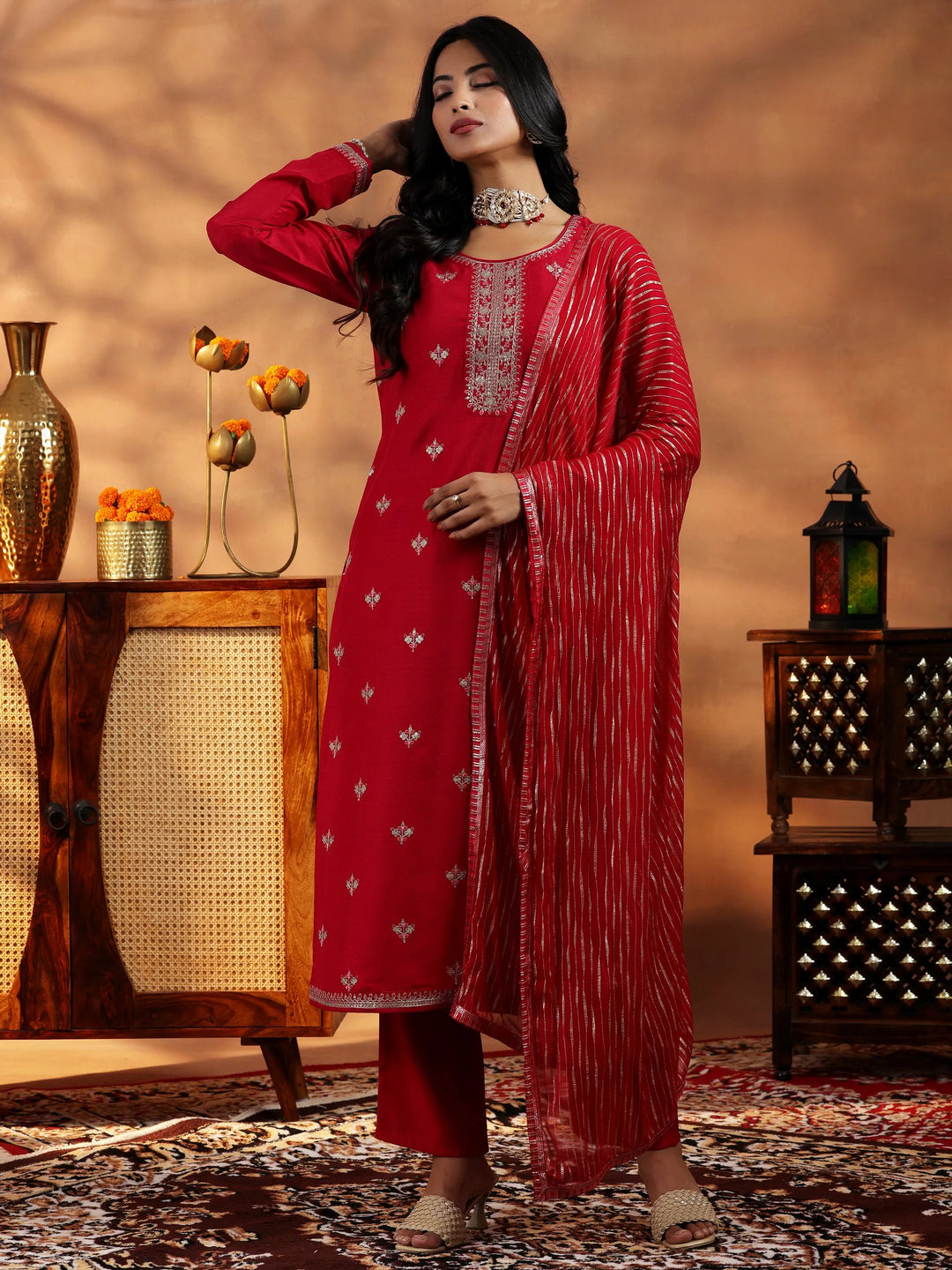  Red Embroidered Silk Blend Straight Suit With Dupatta 