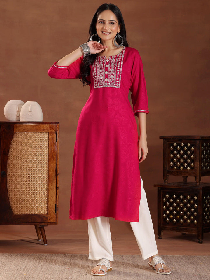 Pink Printed Rayon Straight Kurta - Libas