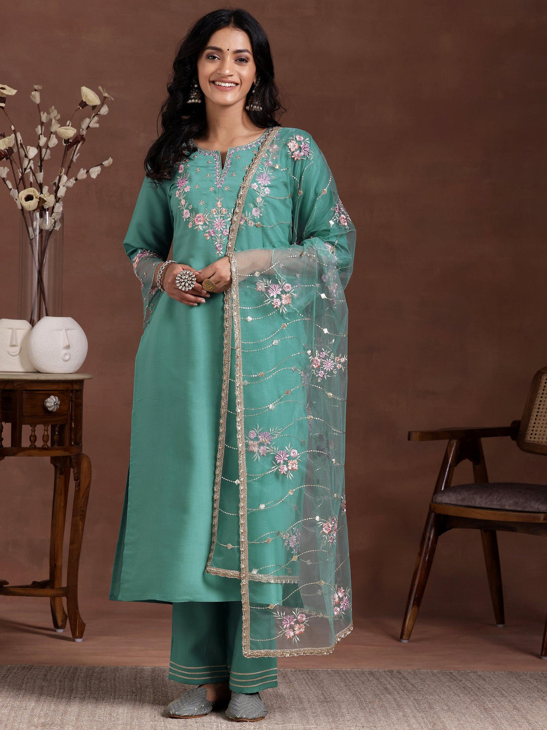 Green Yoke Design Silk Blend Straight Suit With Dupatta - Libas 