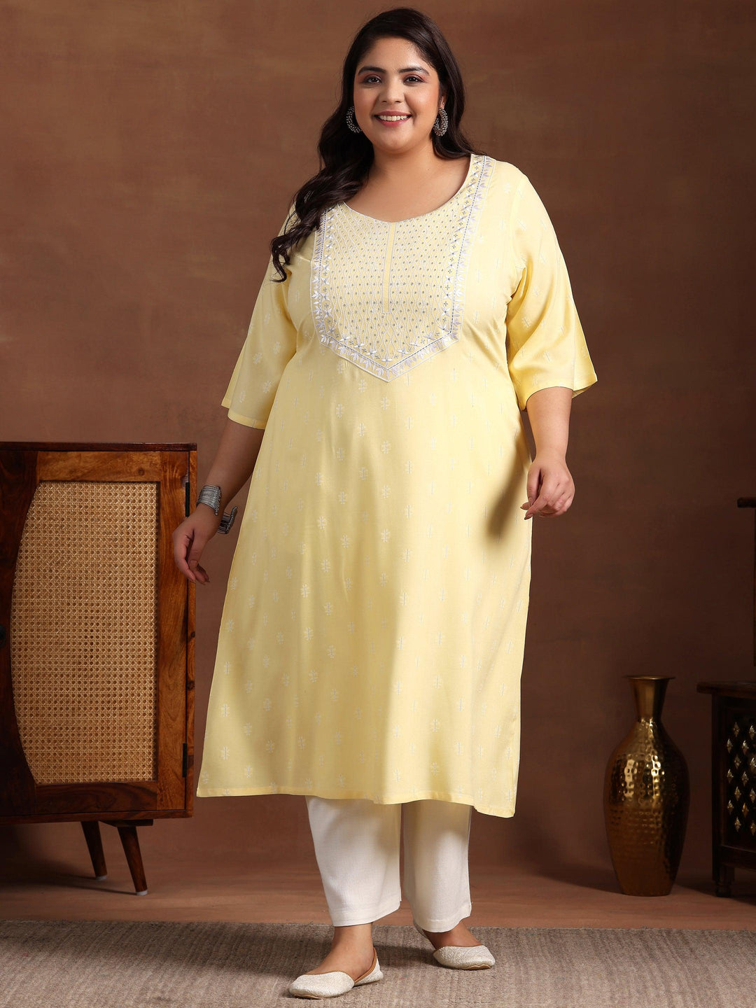 Plus Size Yellow Woven Design Rayon Straight Kurta - Libas 