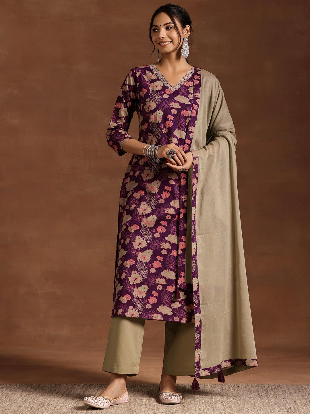 Wine Printed Cotton Straight Suit With Dupatta - Libas 