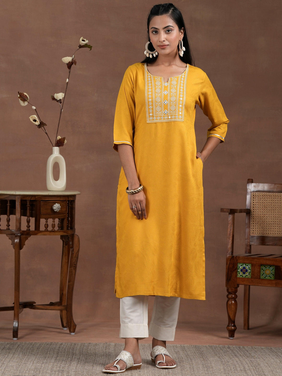 Yellow Yoke Design Rayon Straight Kurta - Libas 