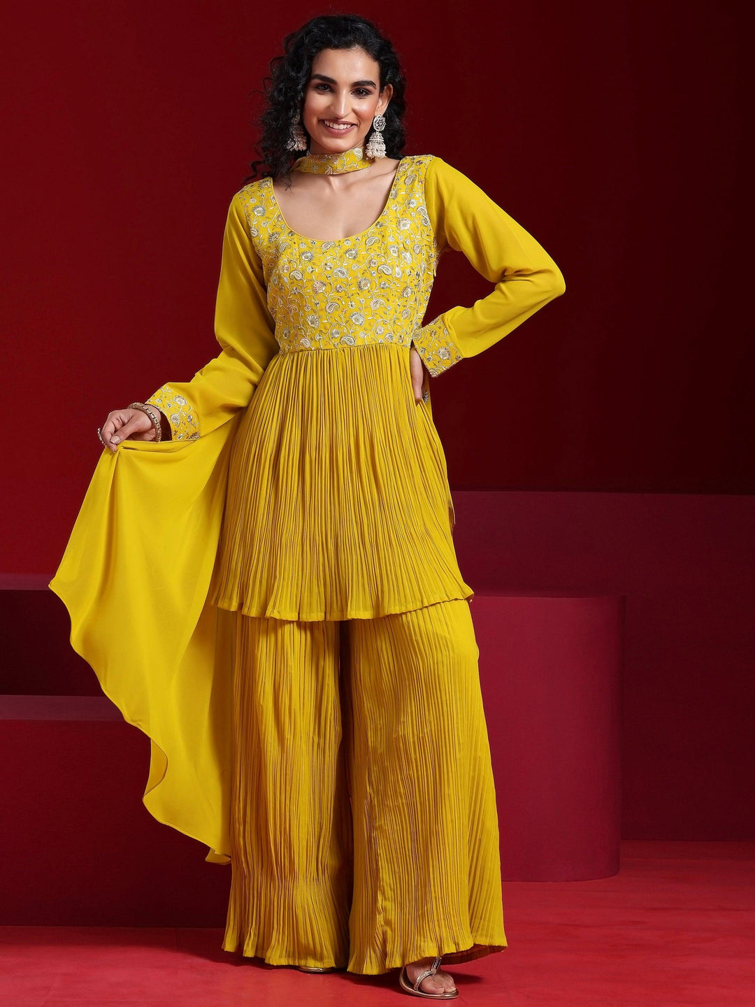 Libas Art Mustard Embroidered Georgette A-Line Kurta With Sharara & Dupatta - Libas 