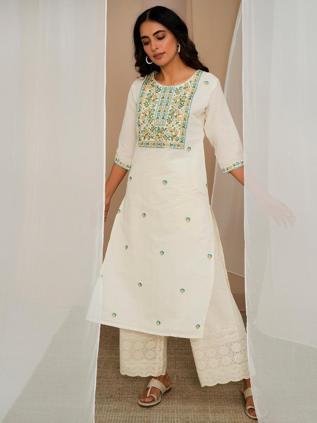 Off White Embroidered Cotton Straight Kurta - Libas 