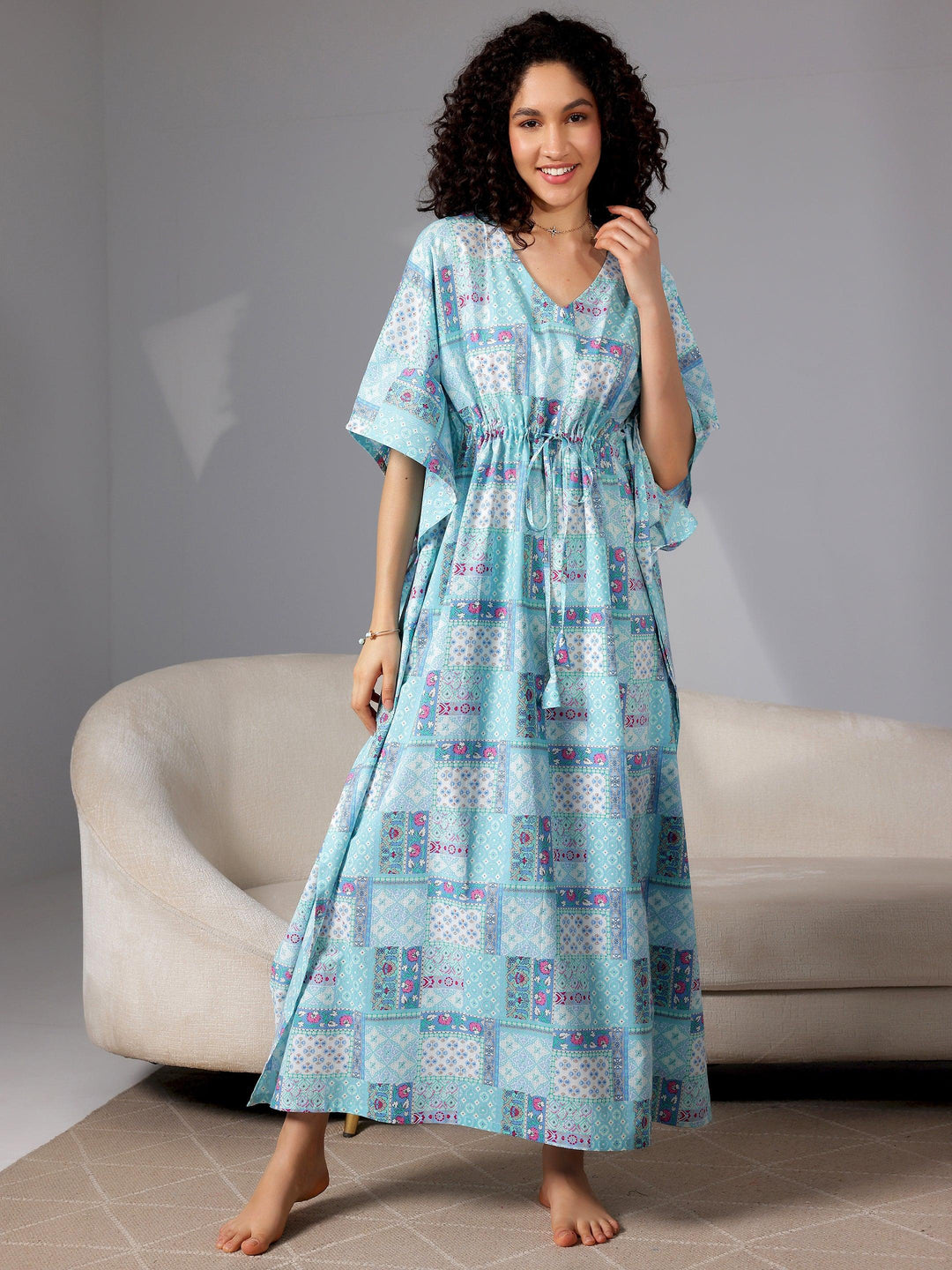 Blue Printed Cotton Kaftan Night Dress - Libas 